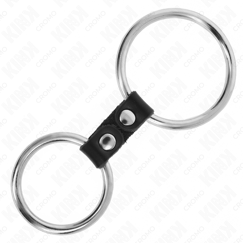 Anel peniano duplo KINK de metal e couro, com design ajustável e robusto para experiências BDSM intensas.