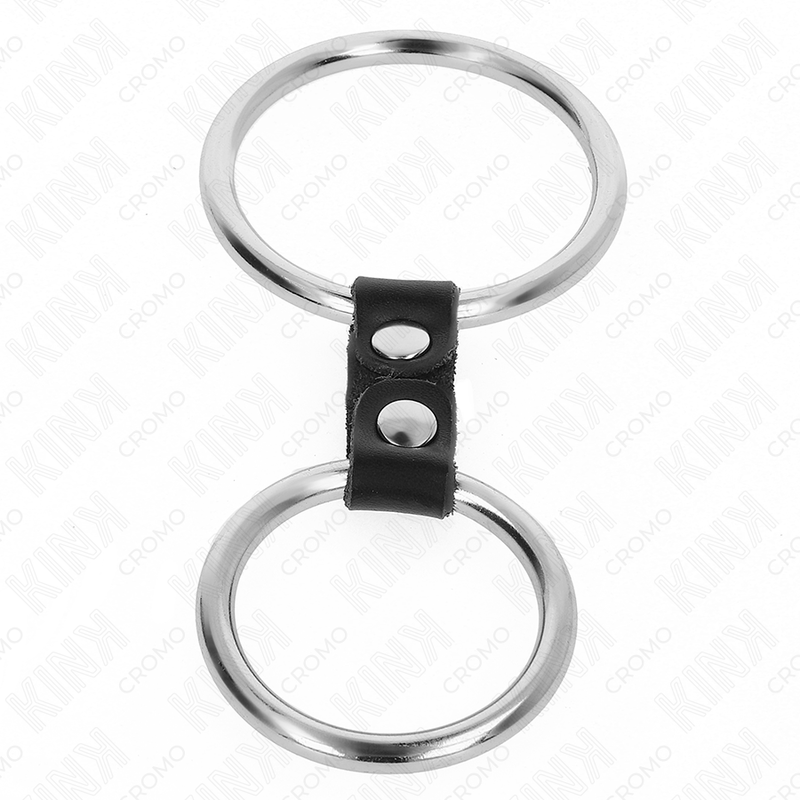 Anel peniano duplo KINK de metal e couro, com design ajustável e robusto para experiências BDSM intensas.