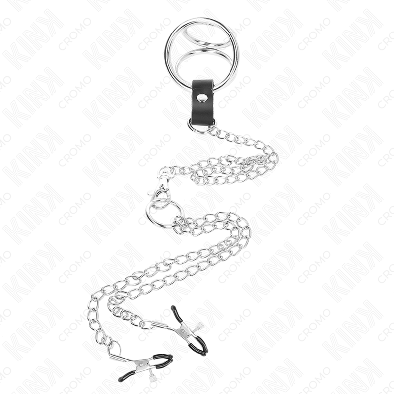 Close-up of the KINK Anel de Pênis Triplo Metal Cromado com Corrente e Grampos de Mamilo, highlighting its design and features.