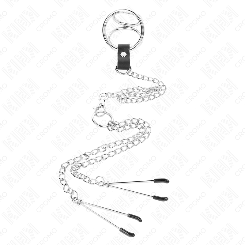 KINK - ANILLO PARA EL PENE DE METAL CROMADO TRIPLE DE 3,8 CM A 5 CM CON CADENA METÁLICA DE 26 CM Y PINZAS PARA PEZONES MODELO 2