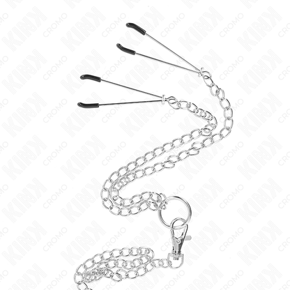 KINK - ANILLO PARA EL PENE DE METAL CROMADO TRIPLE DE 3,8 CM A 5 CM CON CADENA METÁLICA DE 26 CM Y PINZAS PARA PEZONES MODELO 2