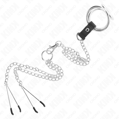 KINK - ANILLO PARA EL PENE DE METAL CROMADO TRIPLE DE 3,8 CM A 5 CM CON CADENA METÁLICA DE 26 CM Y PINZAS PARA PEZONES MODELO 2