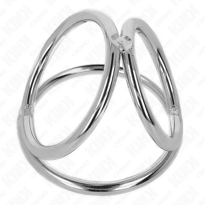 Close-up do KINK Anel Peniano Triplo de Metal Cromado, mostrando seu design robusto e acabamento.