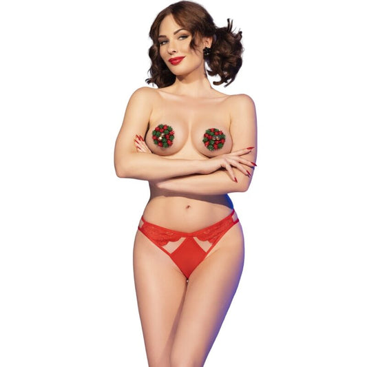Conjunto de lingerie de Natal CHILIROSE com capas de mamilos e calcinha vermelha, exibindo detalhes festivos e sensuais.