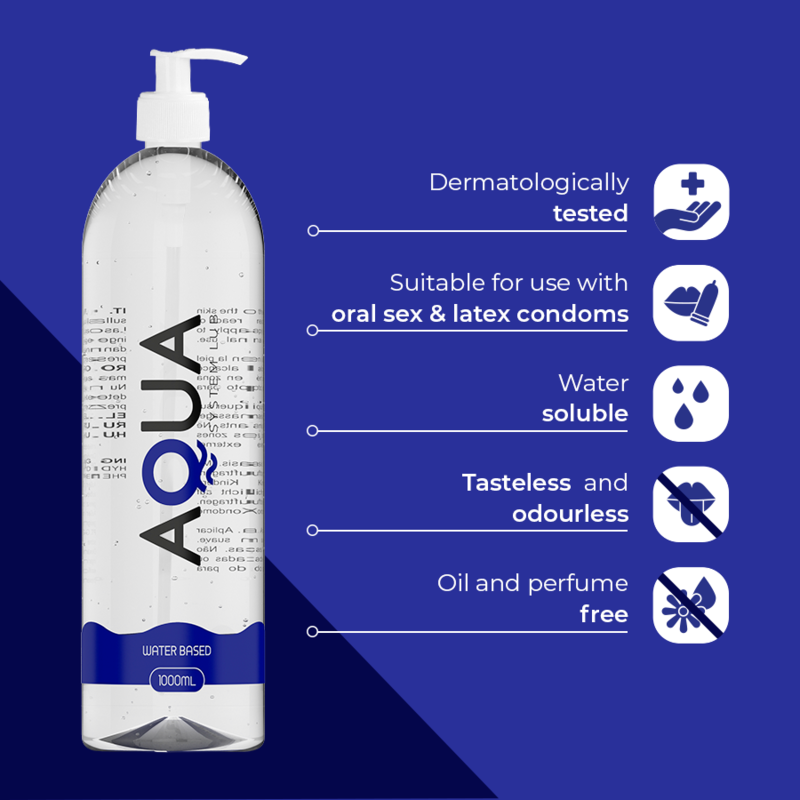 Frasco de Lubrificante Íntimo AQUA QUALITY à Base de Água de 1000 ML, mostrando a embalagem transparente e o líquido sedoso.