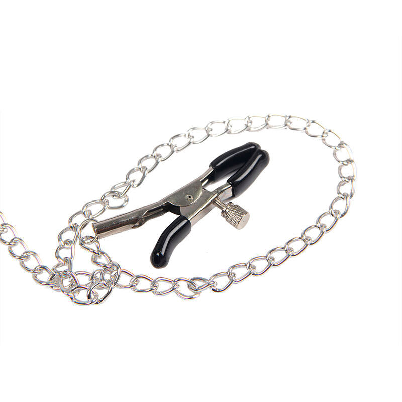 Pinças para Mamilos SUBBLIME Bondage com Tiras de Couro Pretas, detalhe do mecanismo ajustável e design.