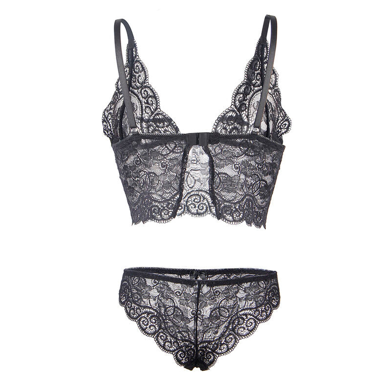 SUBBLIME Conjunto Lingerie Camisola e Calcinha de Seda e Renda Preta S/M