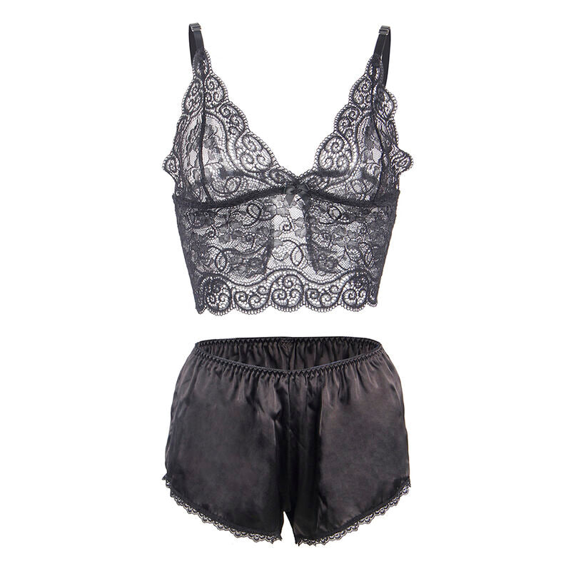 SUBBLIME Conjunto Lingerie Camisola e Calcinha de Seda e Renda Preta S/M