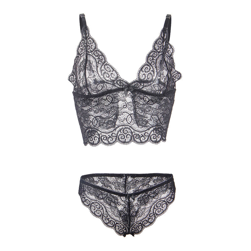SUBBLIME Conjunto Lingerie Camisola e Calcinha de Seda e Renda Preta S/M