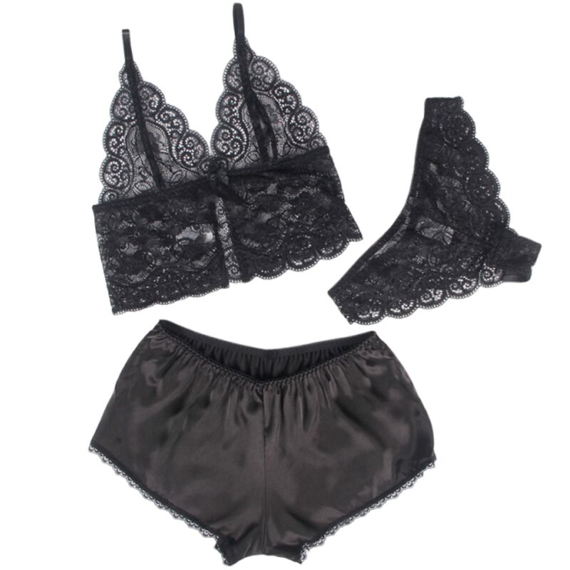 SUBBLIME Conjunto Lingerie Camisola e Calcinha de Seda e Renda Preta S/M