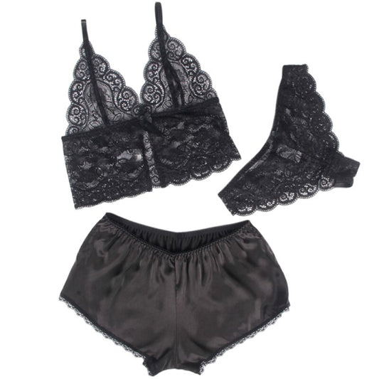 SUBBLIME Conjunto Lingerie Camisola e Calcinha de Seda e Renda Preta S/M