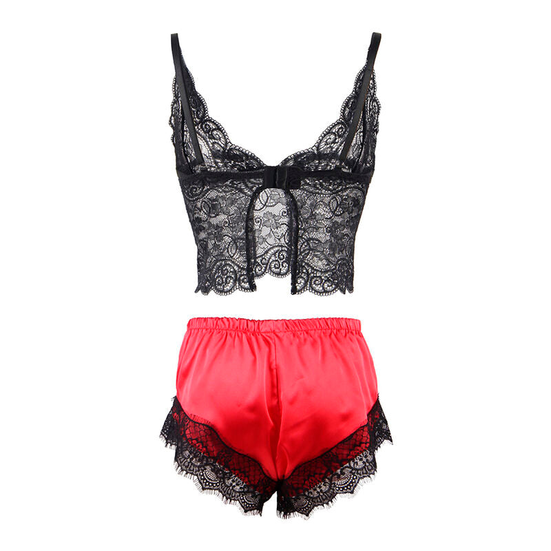 Conjunto Lingerie SUBBLIME Camisola de Seda e Calça de Renda Preto/Vermelho S/M