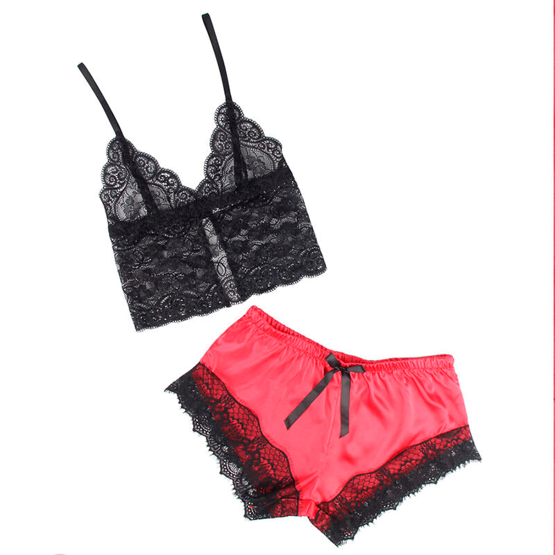 Conjunto Lingerie SUBBLIME Camisola de Seda e Calça de Renda Preto/Vermelho S/M