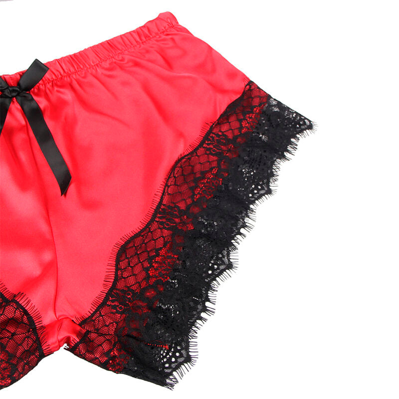 Close-up do Conjunto de Lingerie SUBBLIME Camisola de Seda e Calça de Renda Preta/Vermelha L/XL, destacando a textura da seda e os detalhes da renda.