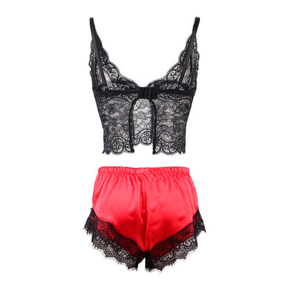 Close-up do Conjunto de Lingerie SUBBLIME Camisola de Seda e Calça de Renda Preta/Vermelha L/XL, destacando a textura da seda e os detalhes da renda.
