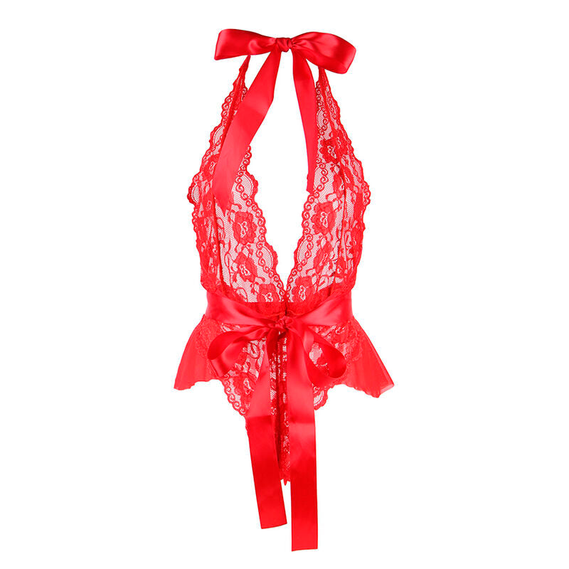 SUBBLIME Body Sexy Vermelho com Babados e Cinto L/XL, detalhe do tecido e design.