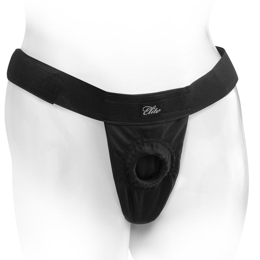 Arnês universal respirável FETISH FANTASY ELITE para dildos, mostrando o material confortável e anel de silicone elástico.