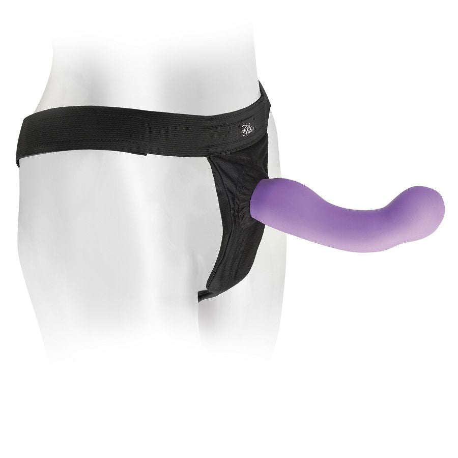 Arnês universal respirável FETISH FANTASY ELITE para dildos, mostrando o material confortável e anel de silicone elástico.