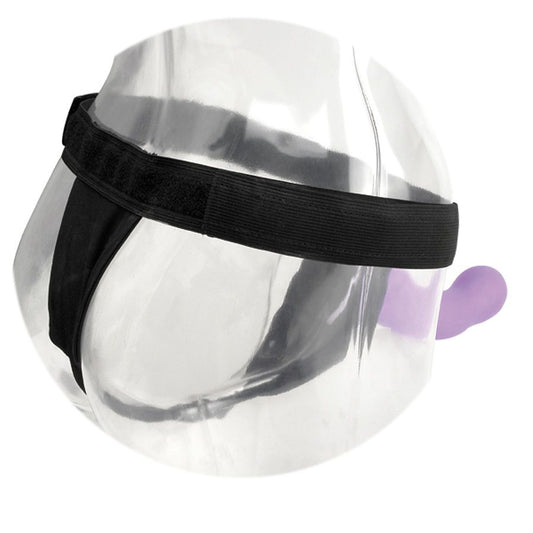 Arnês universal respirável FETISH FANTASY ELITE para dildos, mostrando o material confortável e anel de silicone elástico.