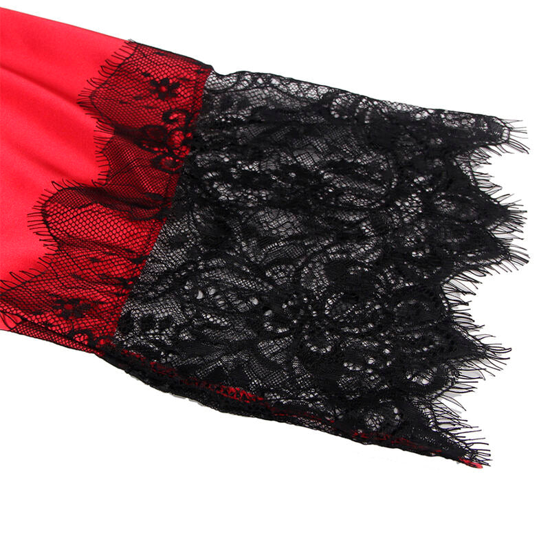 Conjunto de Camisola e Tanga SUBBLIME em Renda Transparente Vermelho e Preto L/XL