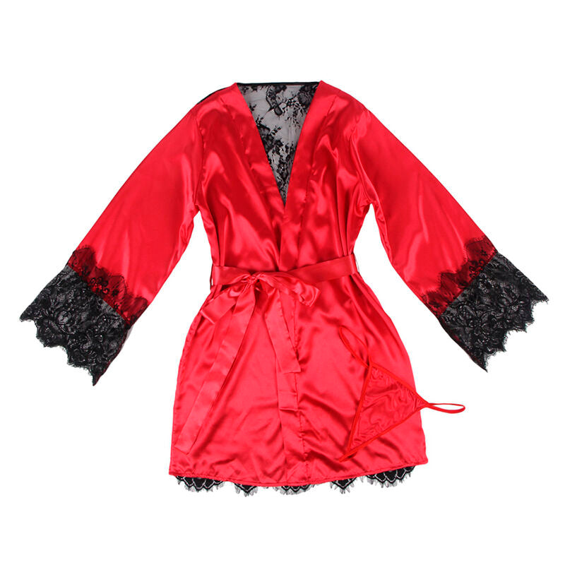 Conjunto de Camisola e Tanga SUBBLIME em Renda Transparente Vermelho e Preto L/XL
