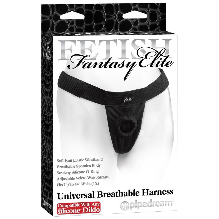 Arnês universal respirável FETISH FANTASY ELITE para dildos, mostrando o material confortável e anel de silicone elástico.