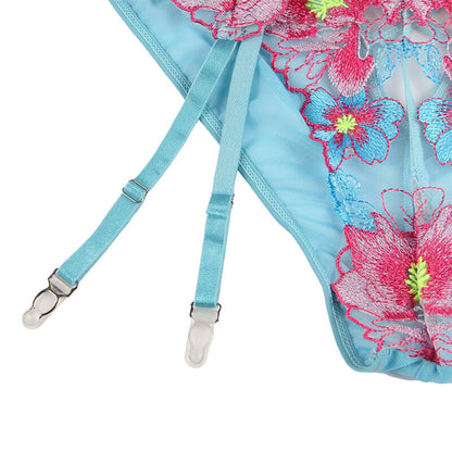 SUBBLIME Conjunto de Lingerie Sutiã Calcinha Cinto-Liga Floral Azul S/M em detalhe