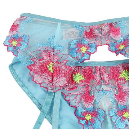 SUBBLIME Conjunto de Lingerie Sutiã Calcinha Cinto-Liga Floral Azul S/M em detalhe