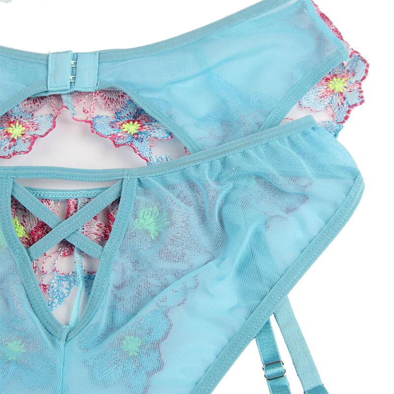 SUBBLIME Conjunto de Lingerie Sutiã Calcinha Cinto-Liga Floral Azul S/M em detalhe