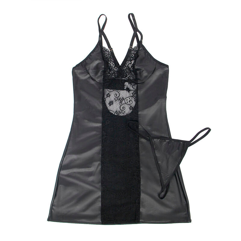 Close-up do Conjunto Subblime Vestido e Tanga em Couro Preto S/M, mostrando o design elegante e o material de alta qualidade.