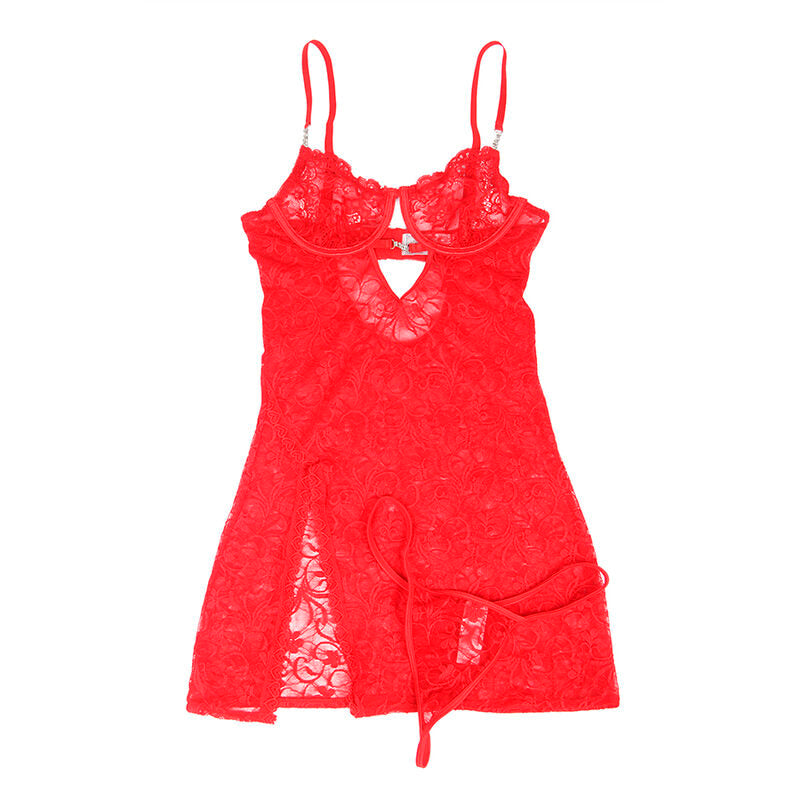 Babydoll de renda vermelho SUBBLIME com alças ajustáveis, mostrando detalhes da peça e a delicadeza do tecido.