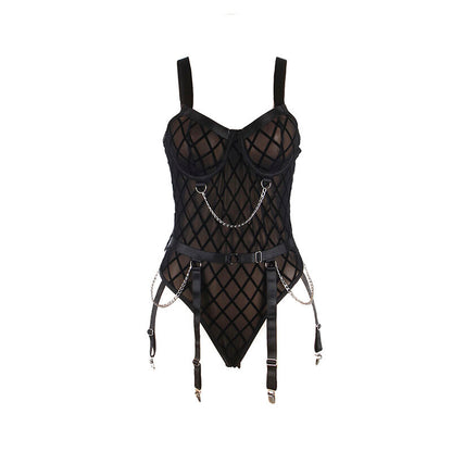 Body SUBBLIME com Correntes e Cinta-Liga Preto S/M em detalhe