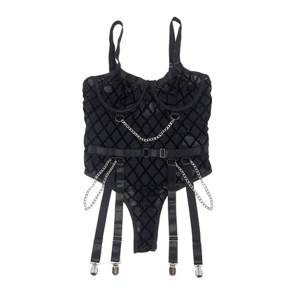 Body SUBBLIME com Correntes e Cinta-Liga Preto S/M em detalhe