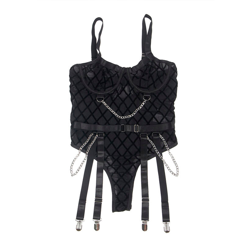 Body SUBBLIME com correntes e cinto-liga preto L/XL, detalhe de design e material.