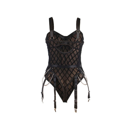 Body SUBBLIME com correntes e cinto-liga preto L/XL, detalhe de design e material.