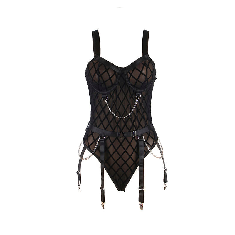 Body SUBBLIME com correntes e cinto-liga preto L/XL, detalhe de design e material.