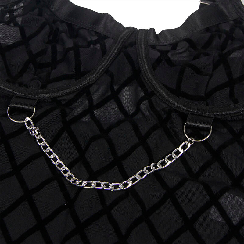 Body SUBBLIME com correntes e cinto-liga preto L/XL, detalhe de design e material.