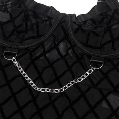 Body SUBBLIME com correntes e cinto-liga preto L/XL, detalhe de design e material.