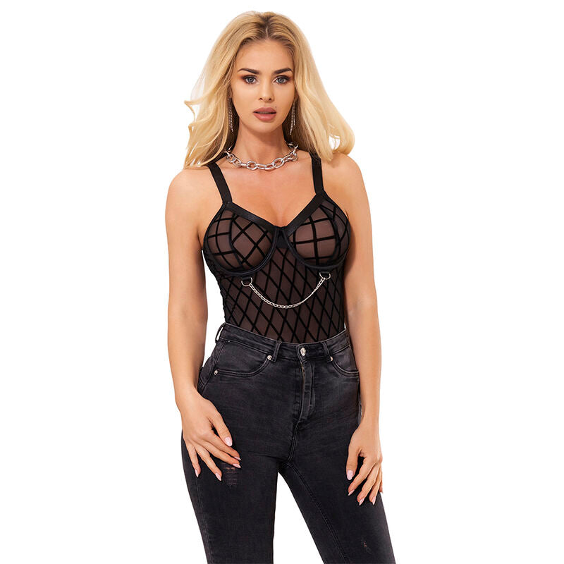 Body SUBBLIME com correntes e cinto-liga preto L/XL, detalhe de design e material.