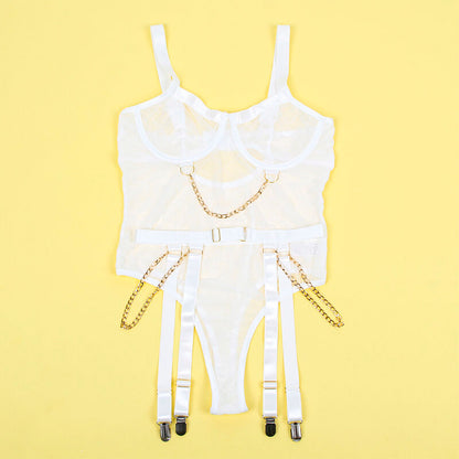 Close-up do Body SUBBLIME com Correntes e Cinta-Liga Branco S/M, destacando o design e os detalhes.