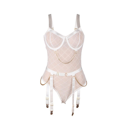 Close-up do Body SUBBLIME com Correntes e Cinta-Liga Branco S/M, destacando o design e os detalhes.