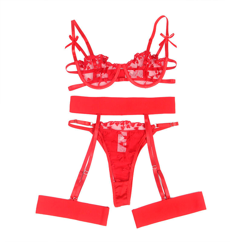 Close-up do Conjunto Lingerie Subblime 3 Peças Coração Vermelho S/M mostrando detalhes da estampa e do tecido.