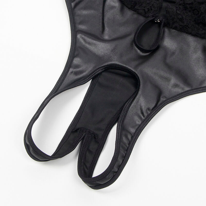 Close-up do Body Sexy Subblime com Cinta-Liga Preto S/M, mostrando detalhes do tecido e design.