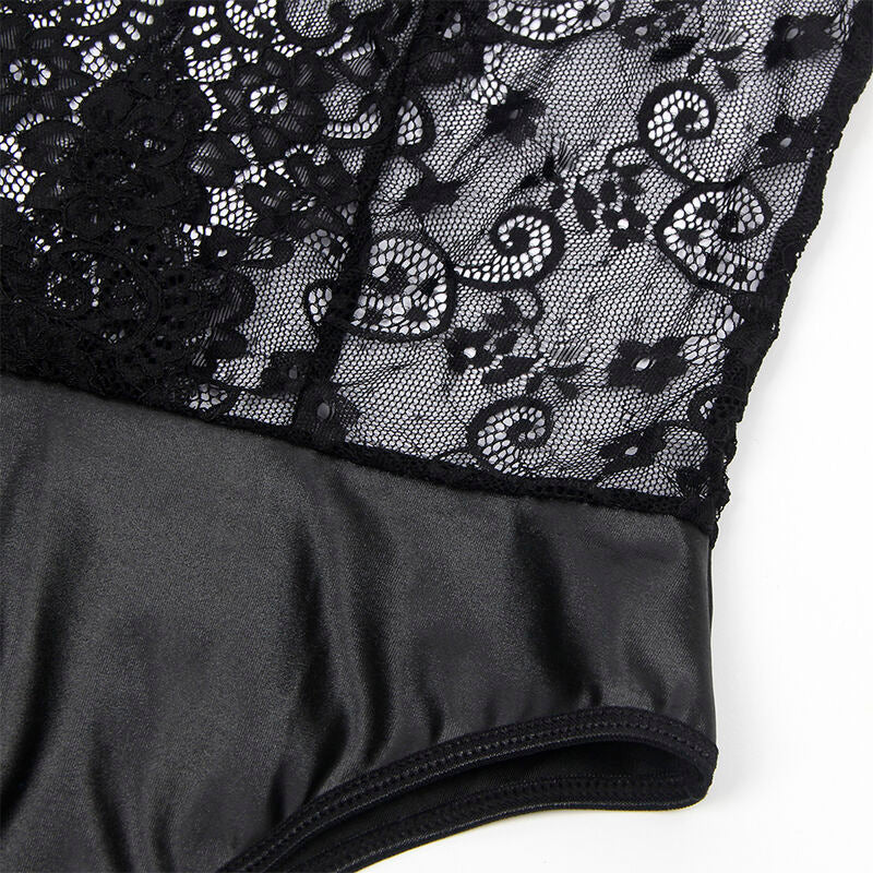 Close-up do Body Sexy Subblime com Cinta-Liga Preto S/M, mostrando detalhes do tecido e design.