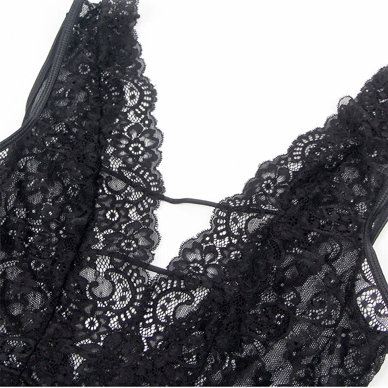 Body sexy preto SUBBLIME com cinta-liga integrada, detalhe da renda e design sedutor.