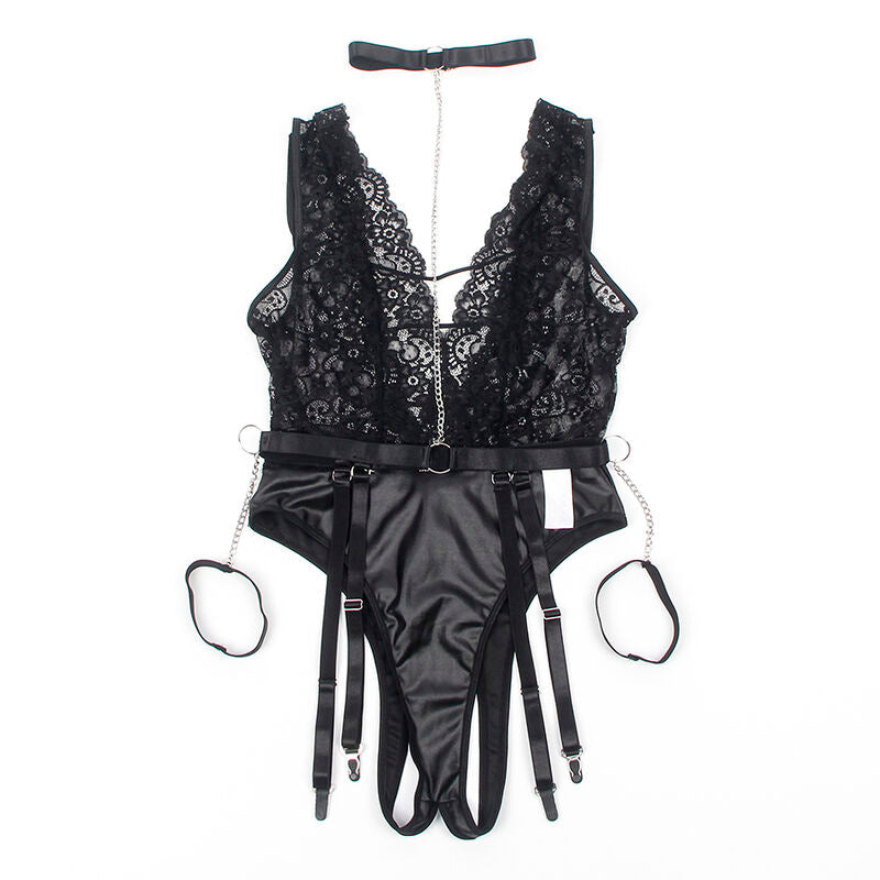 Body sexy preto SUBBLIME com cinta-liga integrada, detalhe da renda e design sedutor.