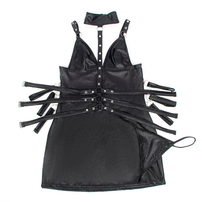Vestido Bondage de Couro Preto S/M da Subblime, exibindo design elegante e detalhes de bondage.