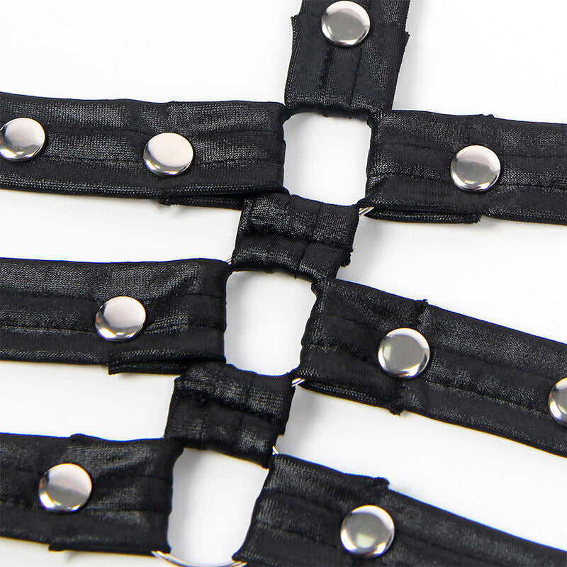 Close-up do Corpo Bondage SUBBLIME de Couro Preto L/XL, detalhando o design e material.