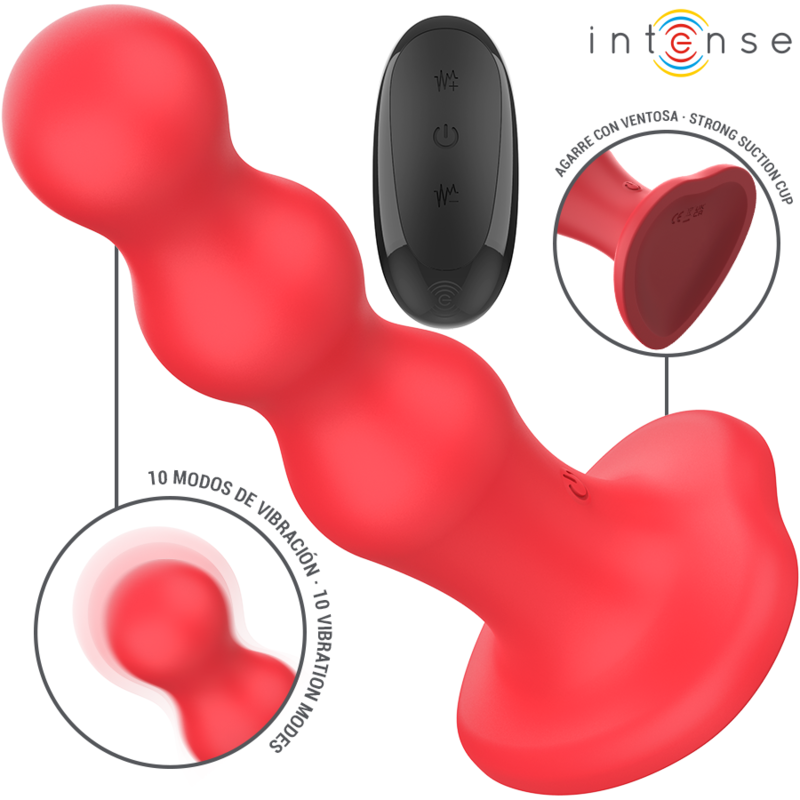 Vibrador Intense Cody Vermelho com ventosa e controle remoto, exibindo seu design texturizado de concha.