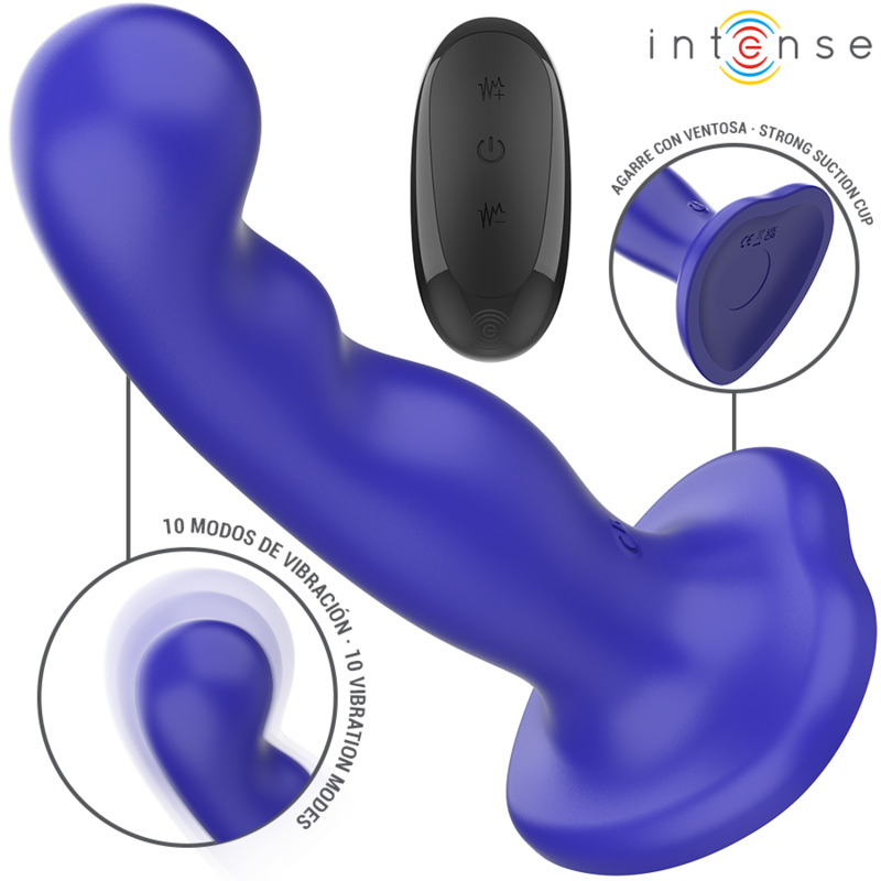 INTENSE Vibrador Shorty com Ventosa Azul e Controlo Remoto, mostrando a textura e o design flexível.